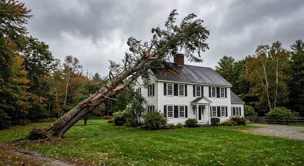 Hazardous storm-damaged Eastern white pine leaning toward Maine colonial home before removal