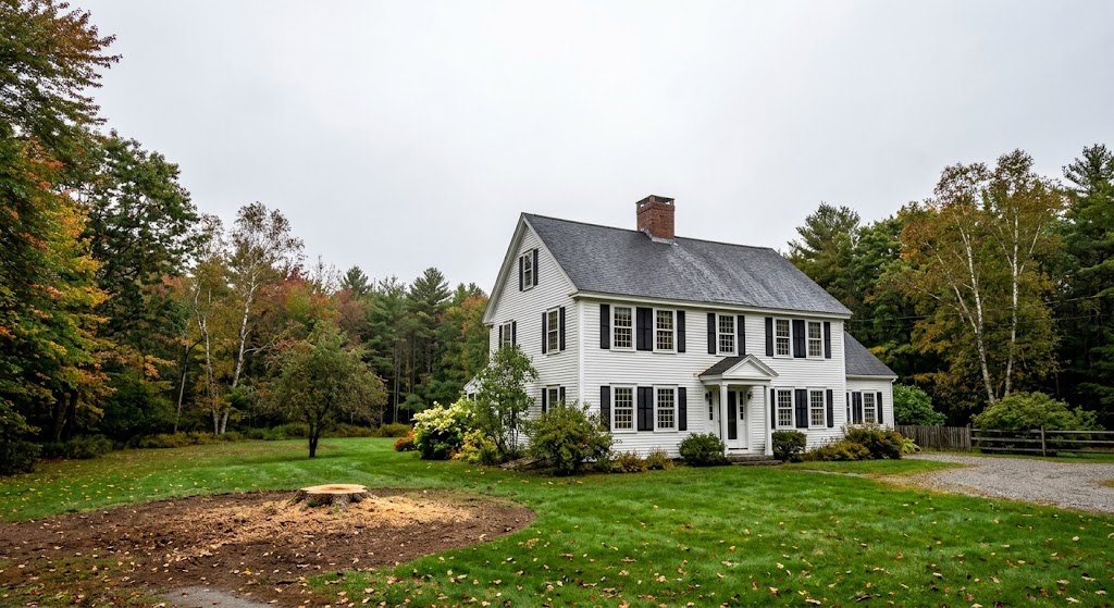 Clean yard with fresh mulch and stump grinding after tree removal in Maine